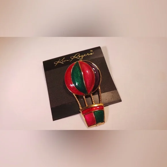 Kim Rogers Vintage Hot Air Balloon Gold Tone Brooch With Red, Purple, & Green. - Picture 5 of 11